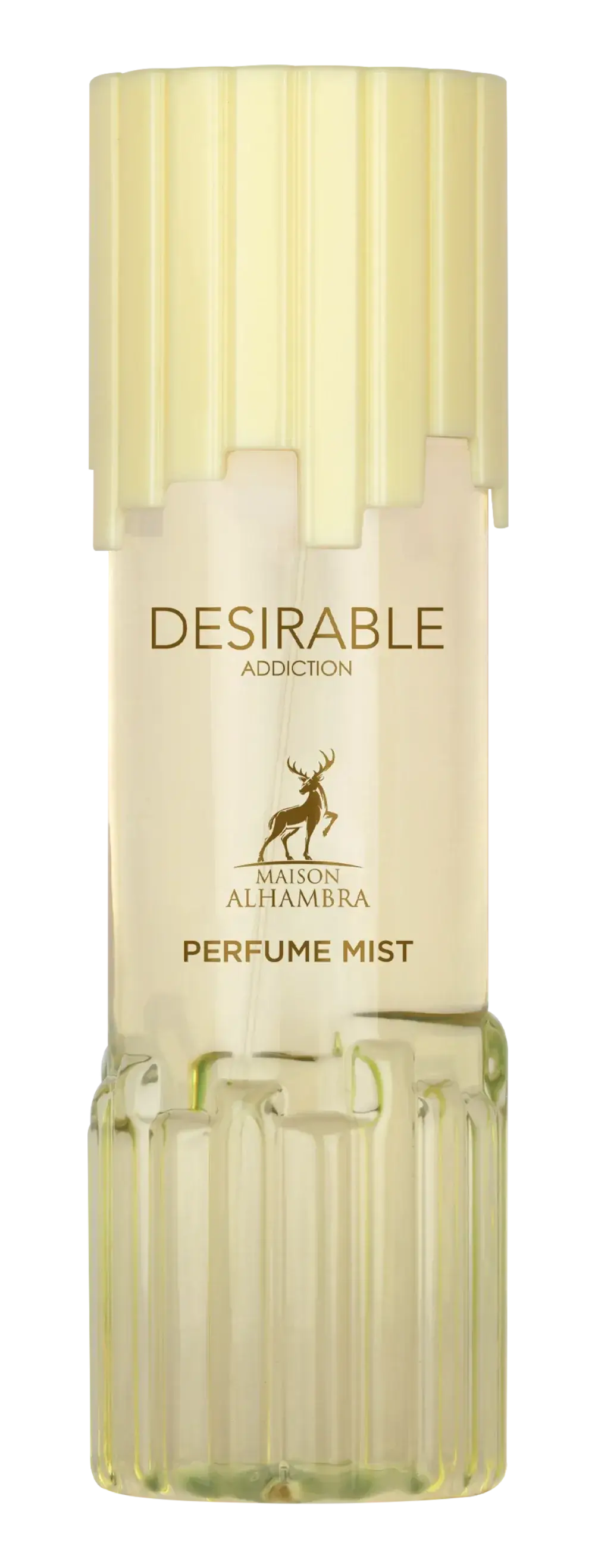 Een slanke, doorschijnende glazen fles met een geribbelde vorm en een bleekgele dop, labeled Desirable Addiction body mist van Maison Alhambra