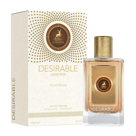 Een rechthoekige glazen fles maison alhambra desirable addiction eau de parfum met gouden textuur dop en label met hert emblem