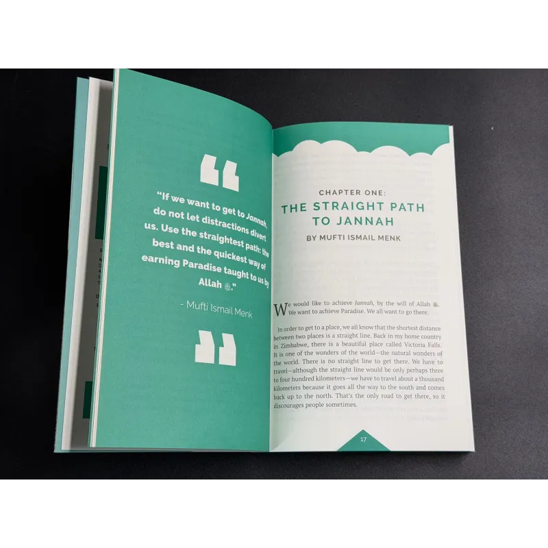 Open boek met citaat van Mufti Ismail Menk in Destination Jannah