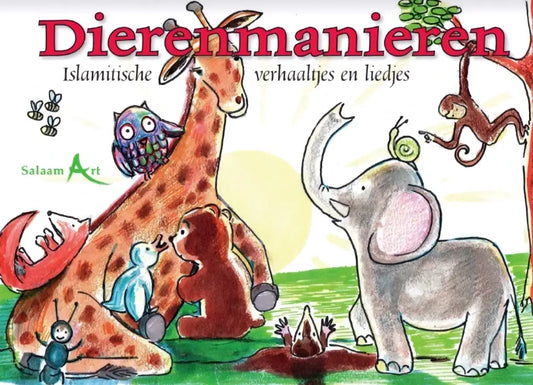 De kleurrijke voorkant van het kinderboek dierenmanieren van salaam art met cartoon giraffen en olifanten