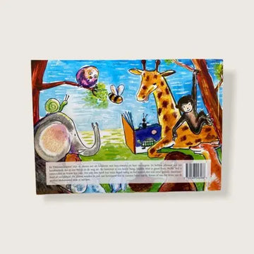 Colorful kinderboek dierenmanieren met giraf, olifant, aap, slak, bij en vogel in levendige buitenscène
