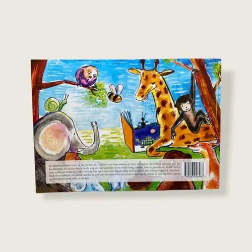 Colorful kinderboek dierenmanieren met giraf, olifant, aap, slak, bij en vogel in levendige buitenscène