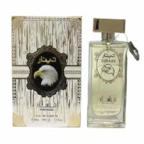 Heldere glazen parfumfles dinaar unisex 100ml edp met zilveren dop en sierlijk label met adelaarlogo