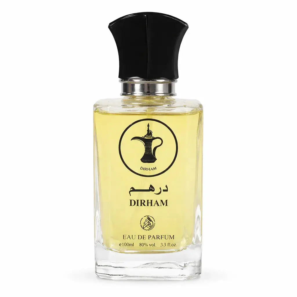 Helder glazen parfumfles met zwarte dop, bevat bleekgele dirham eau de parfum van het merk Dirham