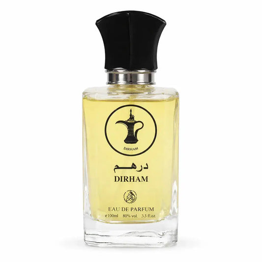 Helder glazen parfumfles met zwarte dop, bevat bleekgele dirham eau de parfum van het merk Dirham