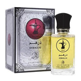 Een heldere glazen fles dirham eau de parfum met zwarte dop en gouden label met arabische koffiekannetje en gele vloeistof