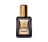 Een slank donker glazen parfumflesje met gouden dop en label van maison el nabil dream parfumolie