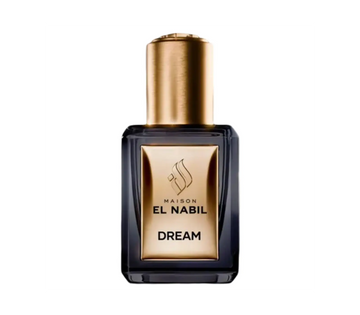 Een slank donker glazen parfumflesje met gouden dop en label van maison el nabil dream parfumolie