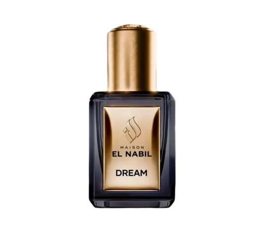 Een slank donker glazen parfumflesje met gouden dop en label van maison el nabil dream parfumolie