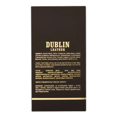 Zwart leren productlabel met DUBLIN in gouden letters voor Dublin Leather