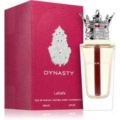 Dynasty parfumfles met kroonontwerp, roze-witte label, arabisch parfum