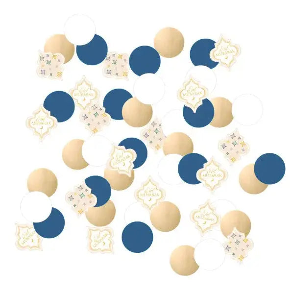 Blauwe en gouden tafelconfetti met sierlijke eid mubarak tags en felicitatietekst in elegante letterstijl