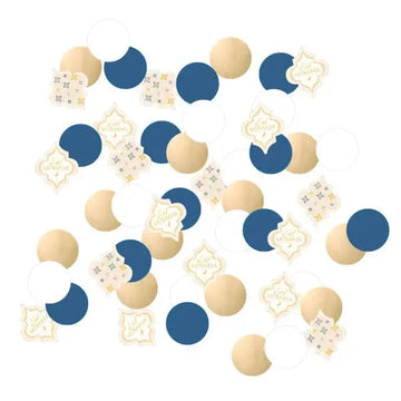 Blauwe en gouden tafelconfetti met sierlijke eid mubarak tags en felicitatietekst in elegante letterstijl