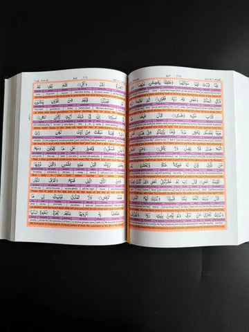 Een open easy quran 2 boek met zwarte arabische tekst en paarse en oranje lijnen voor woord-voor-woord vertaling