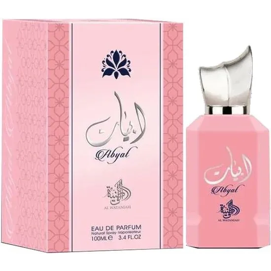 Roze parfumfles met Arabische kalligrafie en verpakking van Eau De Parfum Abyat