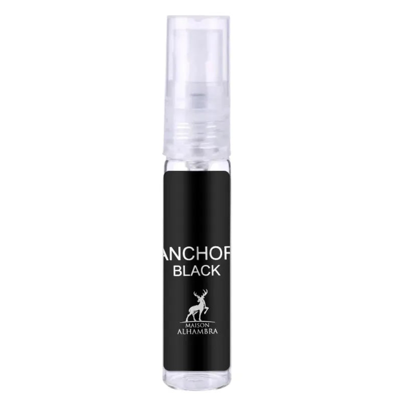 Zwart parfumflesje van Eau de Parfum Anchor Black met hertlogo en merkuitgeverij