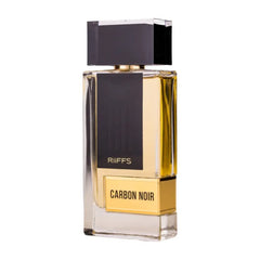 Elegante rechthoekige parfumfles met zwarte etiket en gouden accenten voor Parfum Carbon Noir