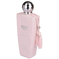 Roze parfumfles met zilveren dop en kwastje van Eau de Parfum Dakota, Grandeur Elite