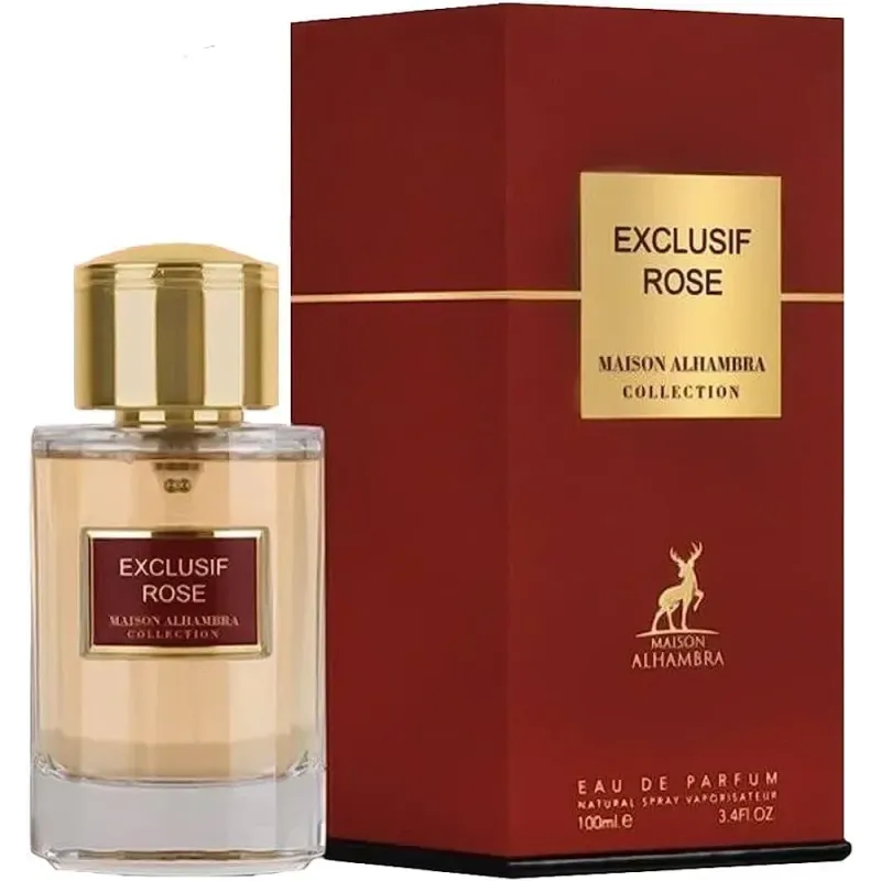 Bottel van parfum Exclusif Rose van Maison Alhambra met burgundy verpakking