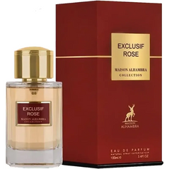 Bottel van parfum Exclusif Rose van Maison Alhambra met burgundy verpakking