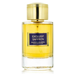 Glazen parfumfles met gouden vloeistof en label Eau de Parfum Exclusif Saffron