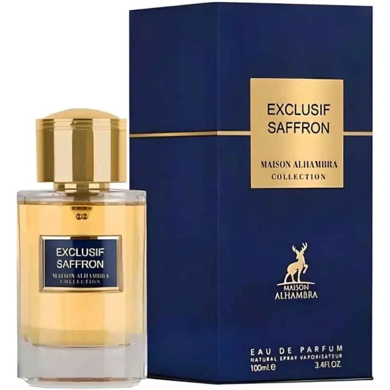 Fles van parfum Exclusif Saffron met navy blauwe en gouden verpakking van Maison Alhambra