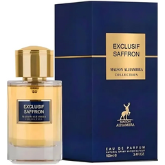 Fles van parfum Exclusif Saffron met navy blauwe en gouden verpakking van Maison Alhambra