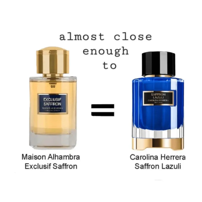 Vergelijking van Eau de Parfum Exclusif Saffron met parfumflessen van Maison Alhambra en Carolina Herrera