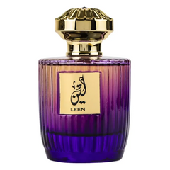 Parfum Leen flacon met paarse ombré glazen en gouden dop, met Arabische tekst