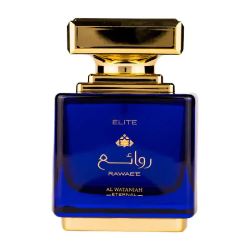 Blauwe en gouden parfumfles met Arabische tekst en ELITE branding, Eau De Parfum Rawaee Elite