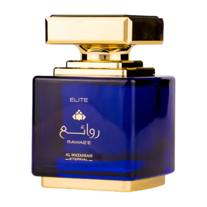 Blauw en gouden parfumfles met Arabische tekst Rawae Elite, Eau De Parfum Rawaee Elite