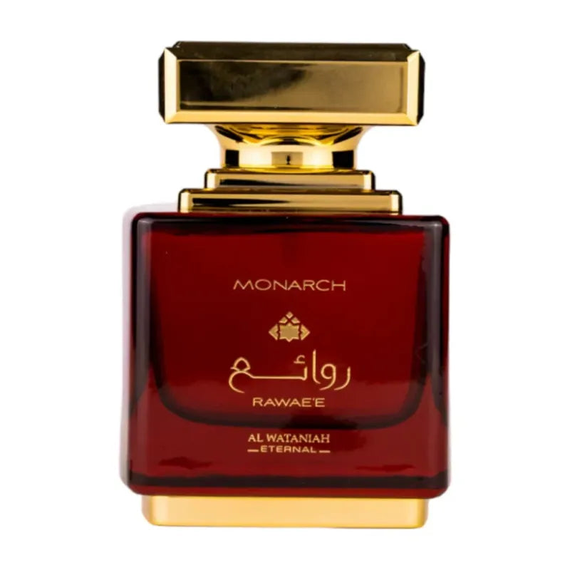 Rode en gouden parfumfles van Parfum Rawaee Monarch met Arabische tekst