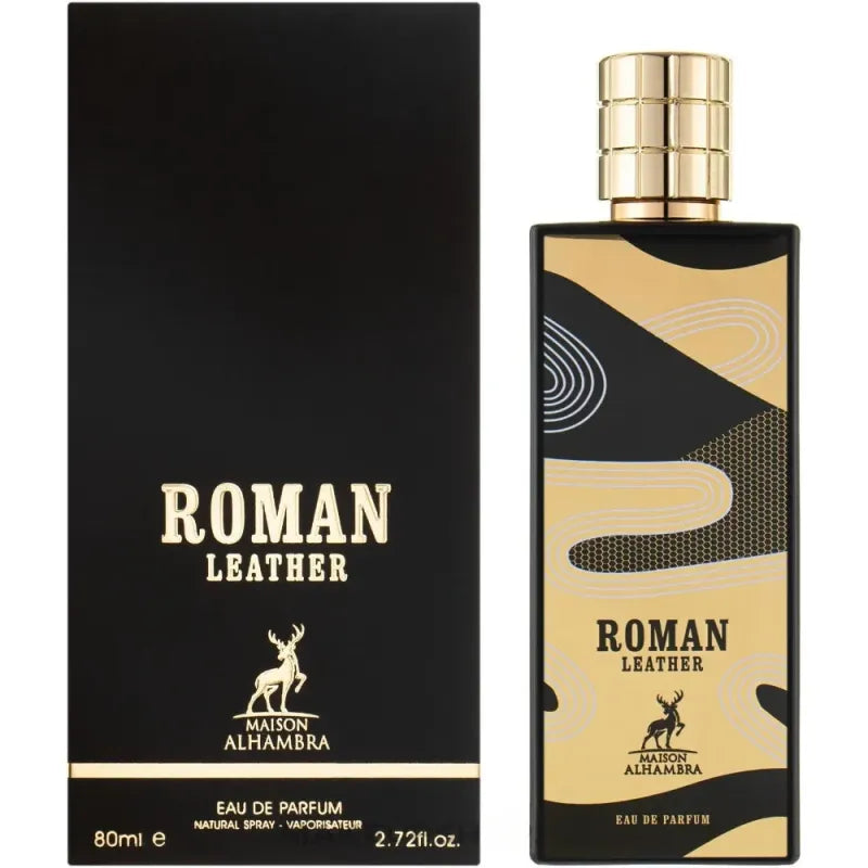 Zwarte en gouden parfumfles Roman Leather van Alhambra met verpakking voor parfum Roman