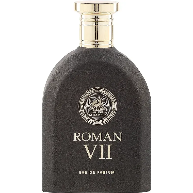 Zwarte parfumflacon met gouden dop, Roman VII Eau de Parfum, elegant ontwerp