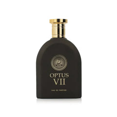 Zwarte parfumfles met gouden dop en OPTUS VII branding voor Parfum Roman VII