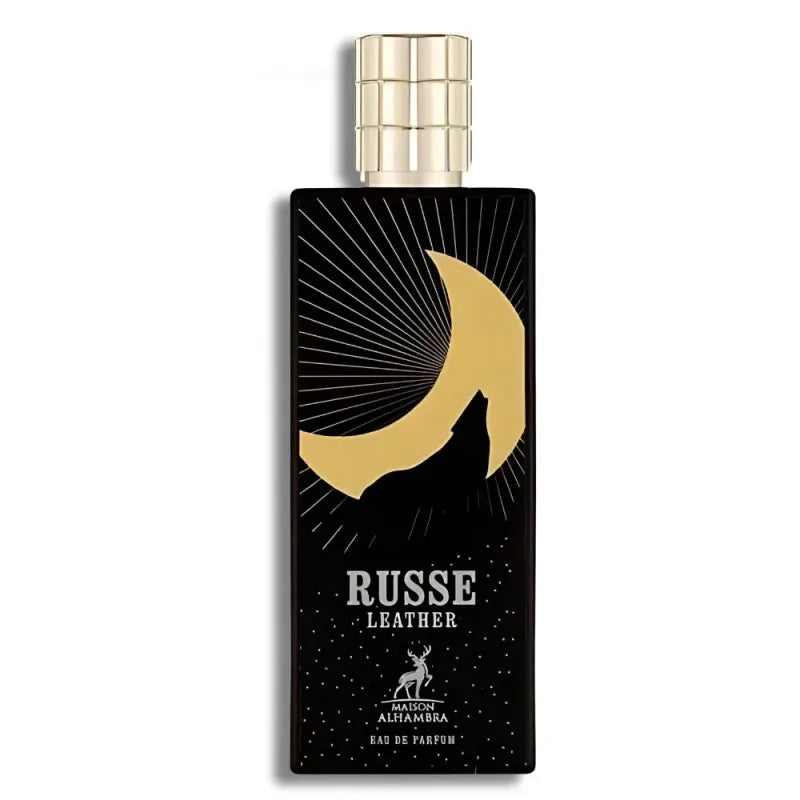 Zwart parfumflacon met gouden halve maan en RUSSE LEATHER, Eau de Parfum Russe Leather