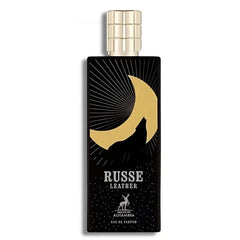 Zwart parfumflacon met gouden halve maan en RUSSE LEATHER, Eau de Parfum Russe Leather