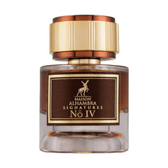 Bruin en gouden parfumflacon met label Maison Alhambra Signatures No IV en hertlogo