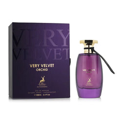 Paarse parfumfles en verpakking van Al Haramain met Very Velvet Orchid zichtbaar