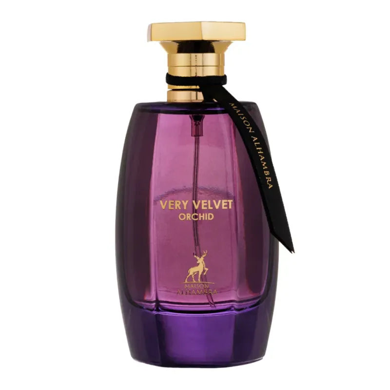 Paarse parfumfles met goudkleurige dop van Eau de Parfum Very Velvet Orchid