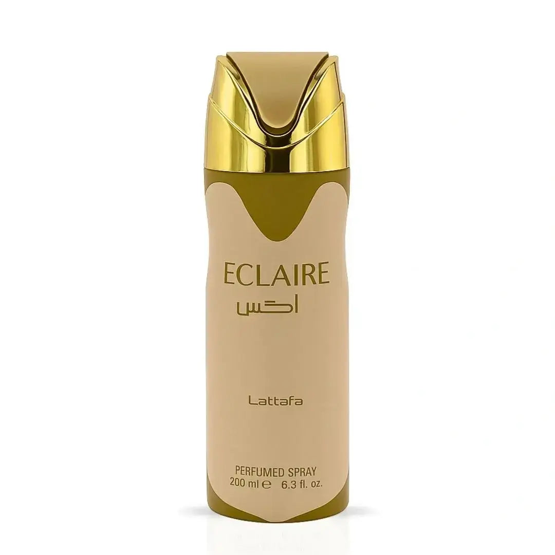 Een strakke 200 ml eclaire deodorant verstuiver van lattafa met een metalen gouden dop en beige body met gouden letters