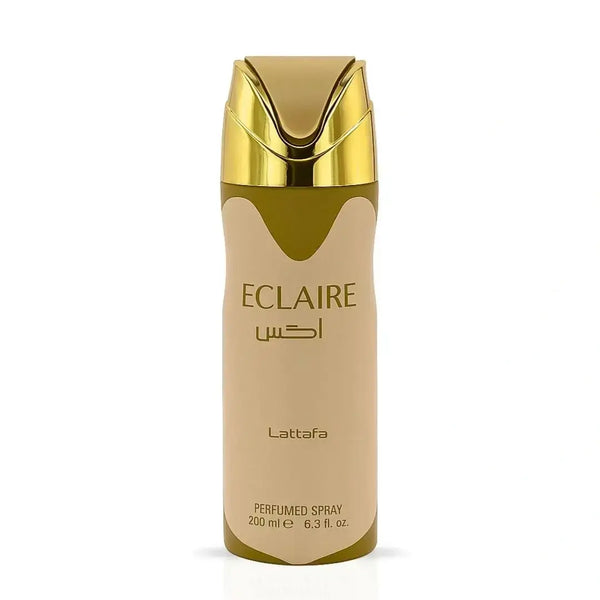 Een strakke 200 ml eclaire deodorant verstuiver van lattafa met een metalen gouden dop en beige body met gouden letters