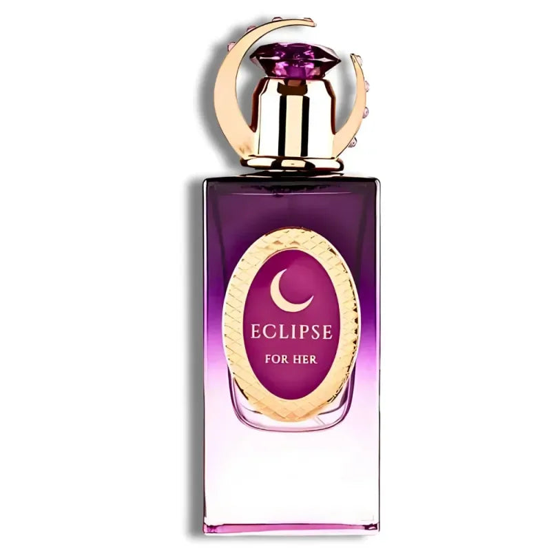 Eclipse voor haar parfumfles met paarse en gouden kleuren en maanontwerp