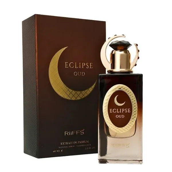 Eclipse Oud parfumset met donkerbruine en gouden fles en bijpassend doos
