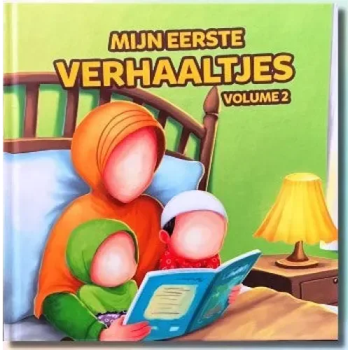 A colorful children’s book cover with a family reading together and the title mijn eerste verhaaltjes volume 2 in bold yellow on green