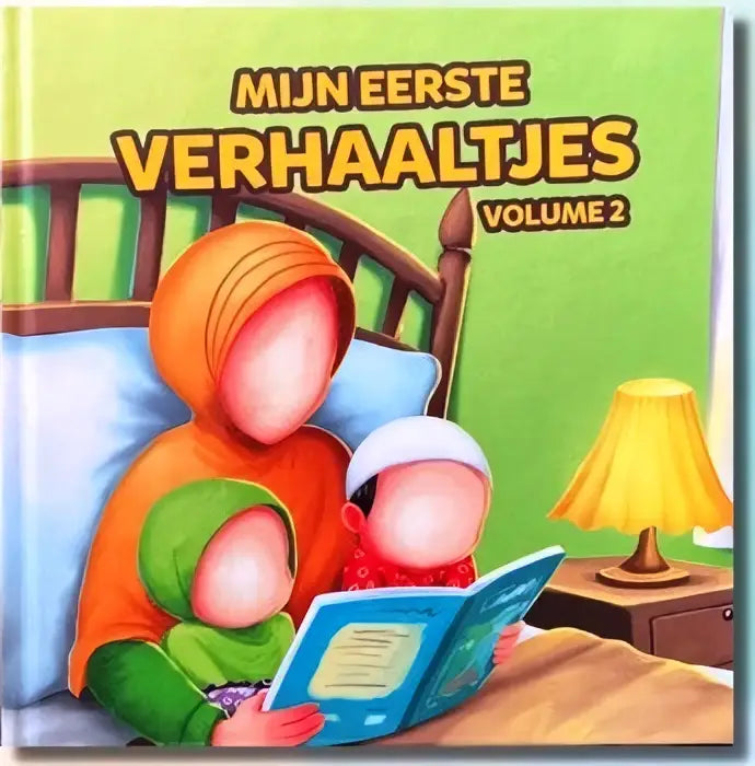 A colorful children’s book cover with a family reading together and the title mijn eerste verhaaltjes volume 2 in bold yellow on green