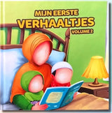 A colorful children’s book cover with a family reading together and the title mijn eerste verhaaltjes volume 2 in bold yellow on green