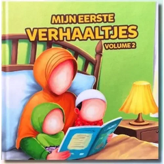 A colorful children’s book cover with a family reading together and the title mijn eerste verhaaltjes volume 2 in bold yellow on green