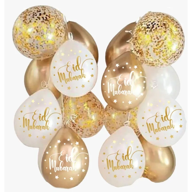 Gouden Eid ballonnenmix met witte Eid Mubarak sterrenballonnen