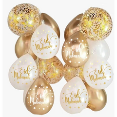 Gouden Eid ballonnenmix met witte Eid Mubarak sterrenballonnen